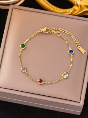 Gold Multicolor Bezel Chain Bracelet - Women Jewelry